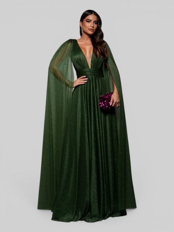 Vestido de Festa Longo Tule Premium com Brilho e Capa Aurora