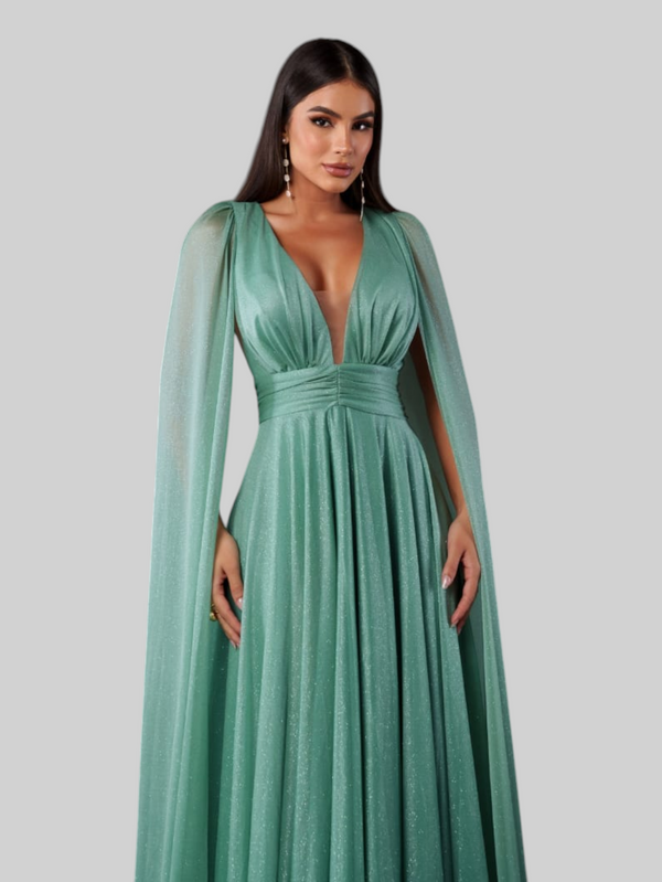 Vestido de Festa Longo Tule Premium com Brilho e Capa Aurora
