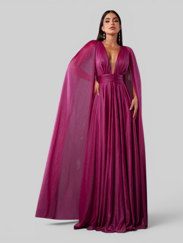 Vestido de Festa Longo Tule Premium com Brilho e Capa Aurora