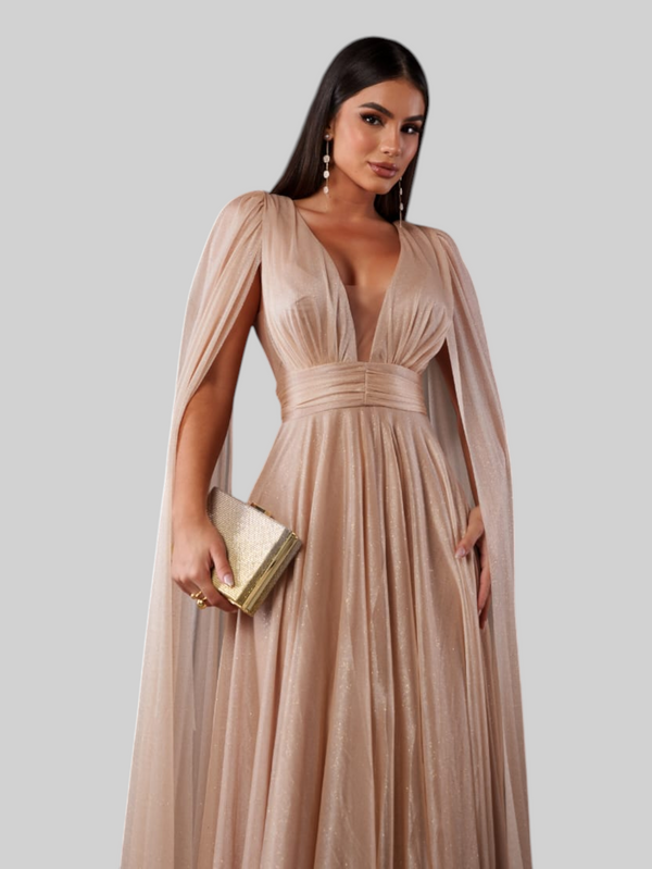Vestido de Festa Longo Tule Premium com Brilho e Capa Aurora
