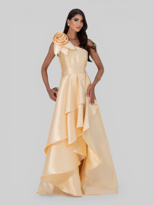 Vestido de Festa Longo Zibeline Drape Flowers