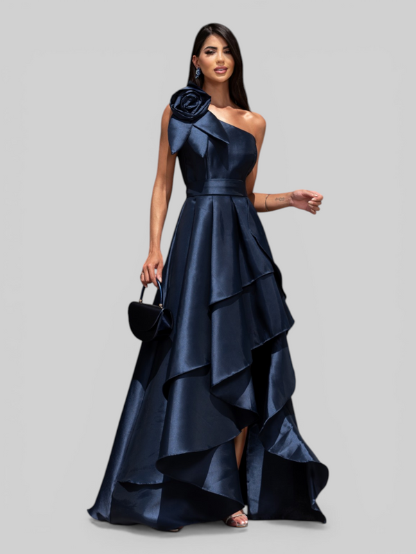 Vestido de Festa Longo Zibeline Drape Flowers