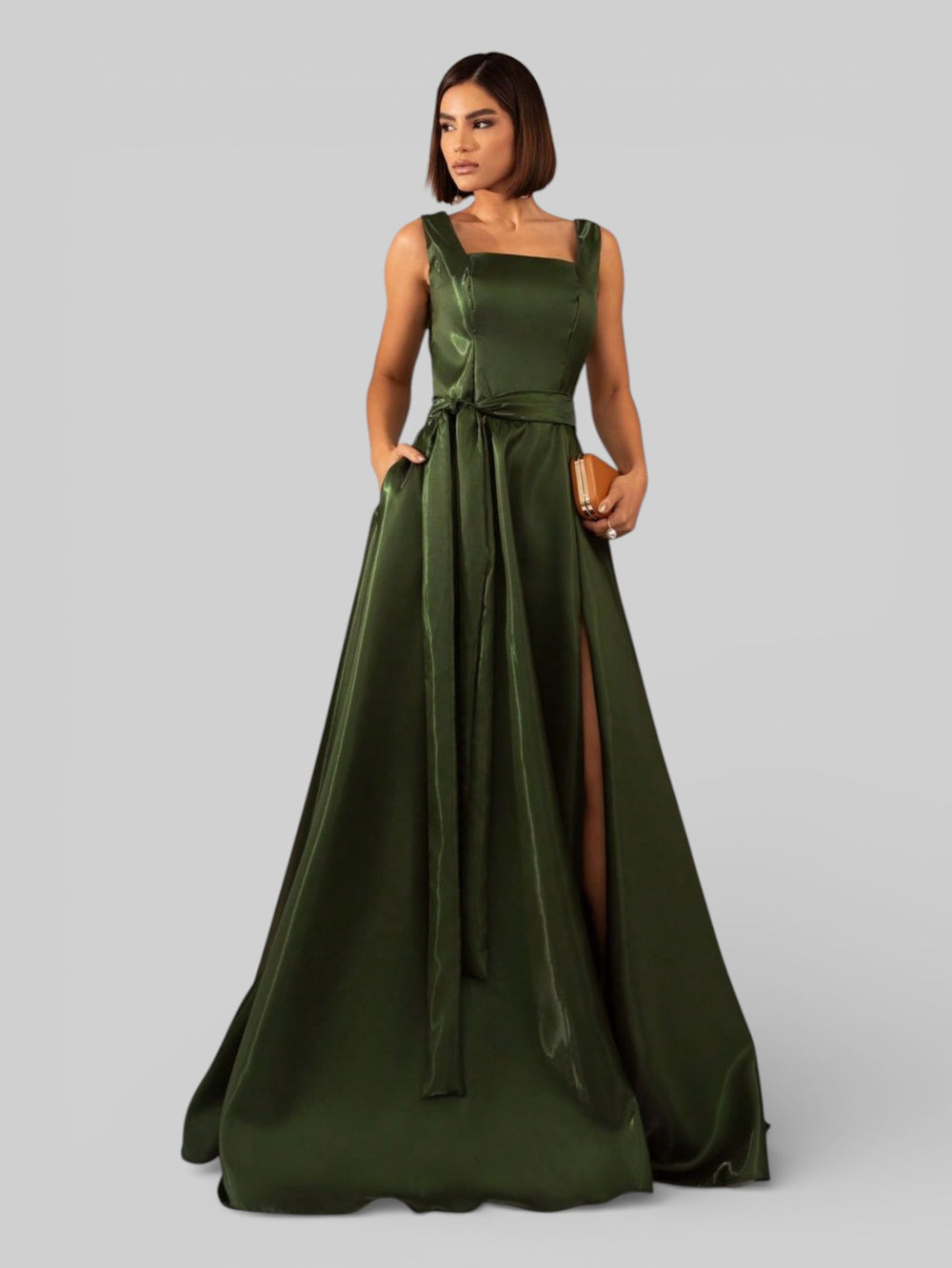 Vestido de Festa Longo Zibeline Glow Gola Quadrada Katarina