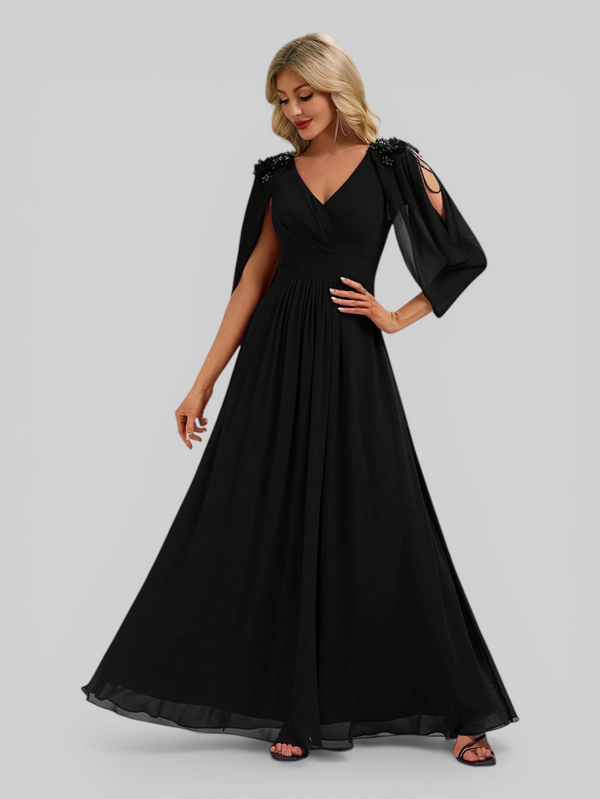 Vestido de Festa Longo com Capa e Apliques Oriente