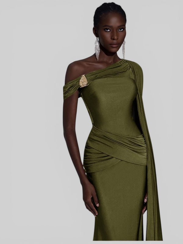 Vestido de Festa Longo com Capa e Fivela Elegante Pamela