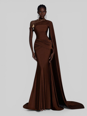 Vestido de Festa Longo com Capa e Fivela Elegante Pamela