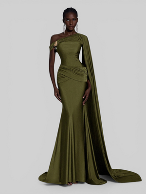 Vestido de Festa Longo com Capa e Fivela Elegante Pamela