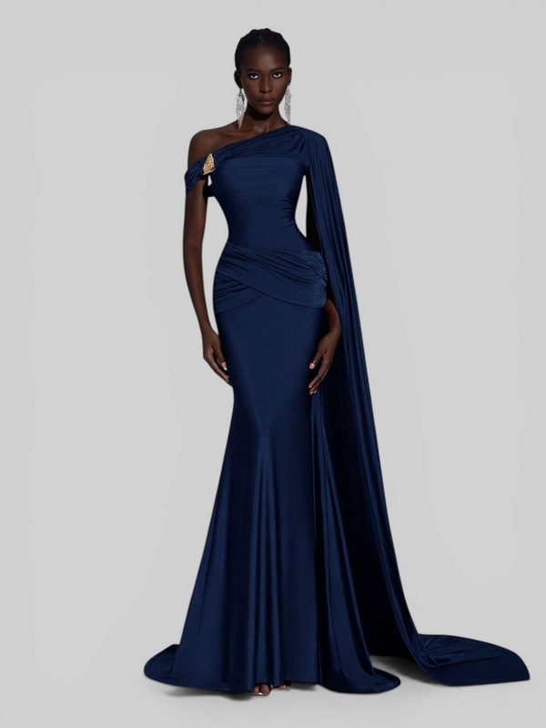 Vestido de Festa Longo com Capa e Fivela Elegante Pamela