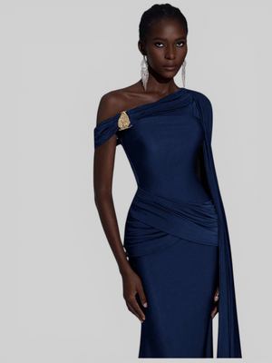 Vestido de Festa Longo com Capa e Fivela Elegante Pamela