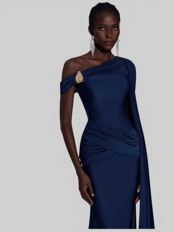 Vestido de Festa Longo com Capa e Fivela Elegante Pamela