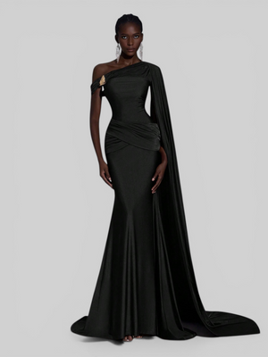 Vestido de Festa Longo com Capa e Fivela Elegante Pamela