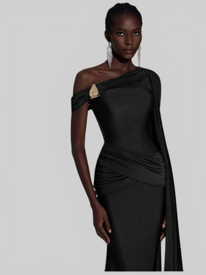 Vestido de Festa Longo com Capa e Fivela Elegante Pamela