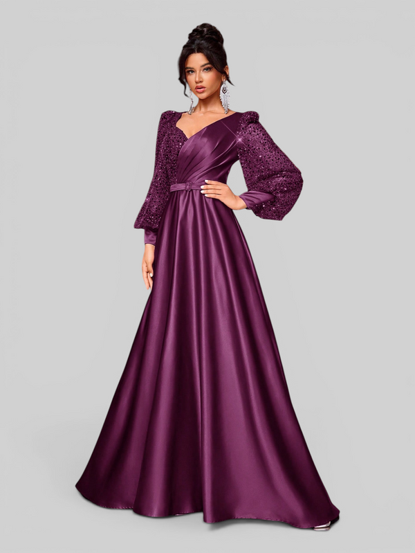 Vestido de Festa Manga Longa Acetinado Paetê Araceli