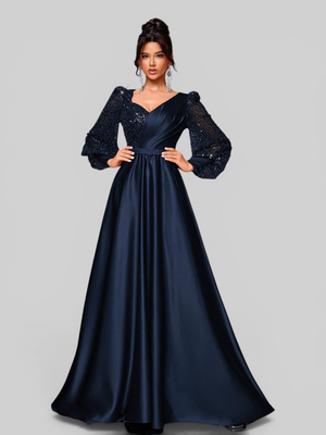 Vestido de Festa Manga Longa Acetinado Paetê Araceli