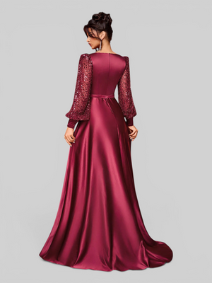 Vestido de Festa Manga Longa Acetinado Paetê Araceli