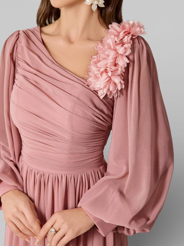 Vestido de Festa Manga Longa Aurora Flowers Assimétrico - Aurea Dress