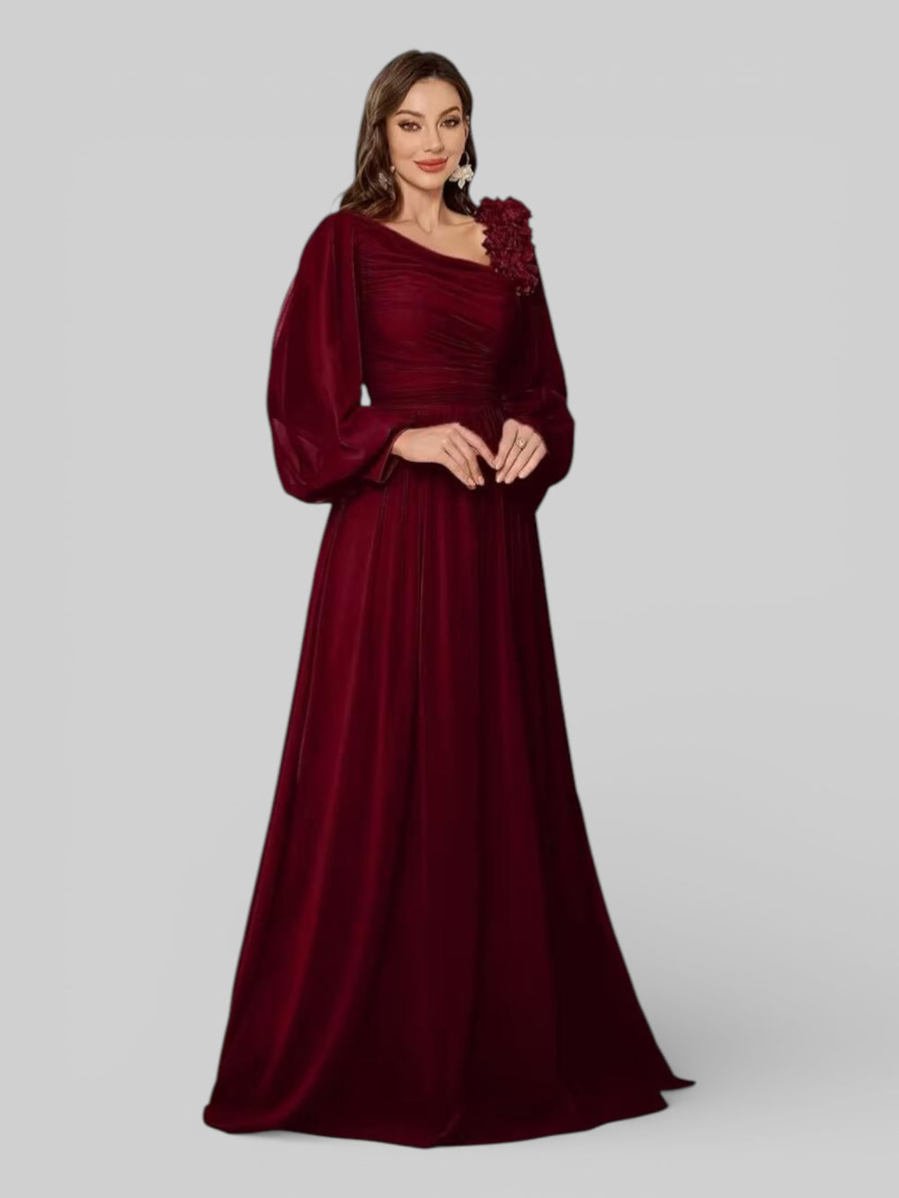 Vestido de Festa Manga Longa Aurora Flowers Assimétrico