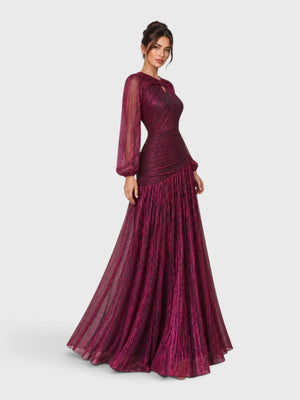 Vestido de Festa Manga Longa Drapeado Metalizado Lurex
