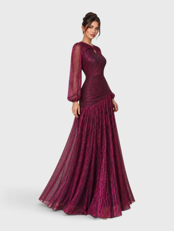 Vestido de Festa Manga Longa Drapeado Metalizado Lurex