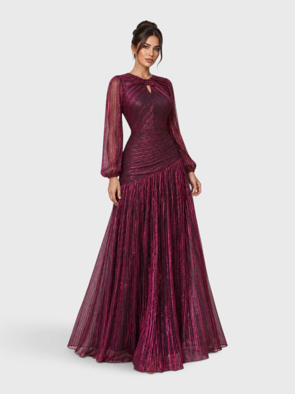 Vestido de Festa Manga Longa Drapeado Metalizado Lurex