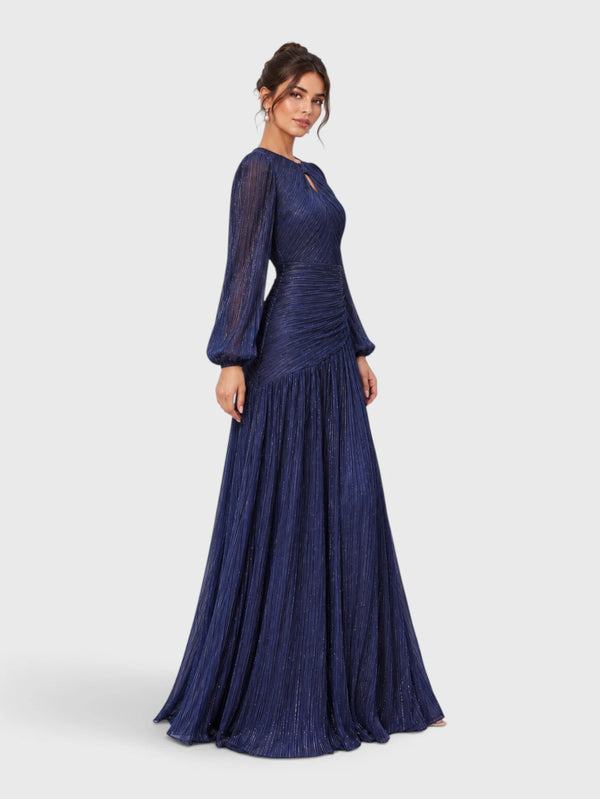 Vestido de Festa Manga Longa Drapeado Metalizado Lurex