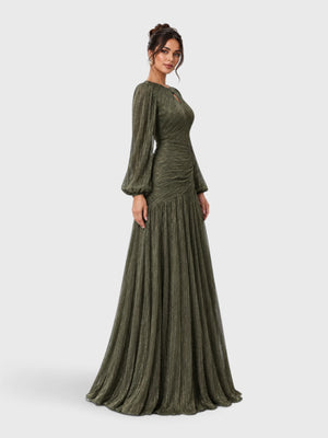 Vestido de Festa Manga Longa Drapeado Metalizado Lurex