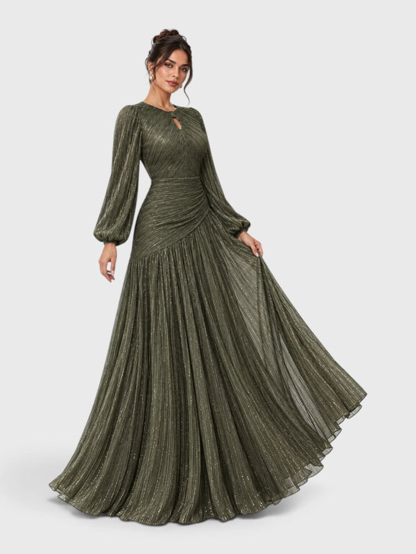 Vestido de Festa Manga Longa Drapeado Metalizado Lurex