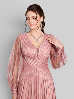 Vestido de Festa Manga Longa Gola V Folhagem