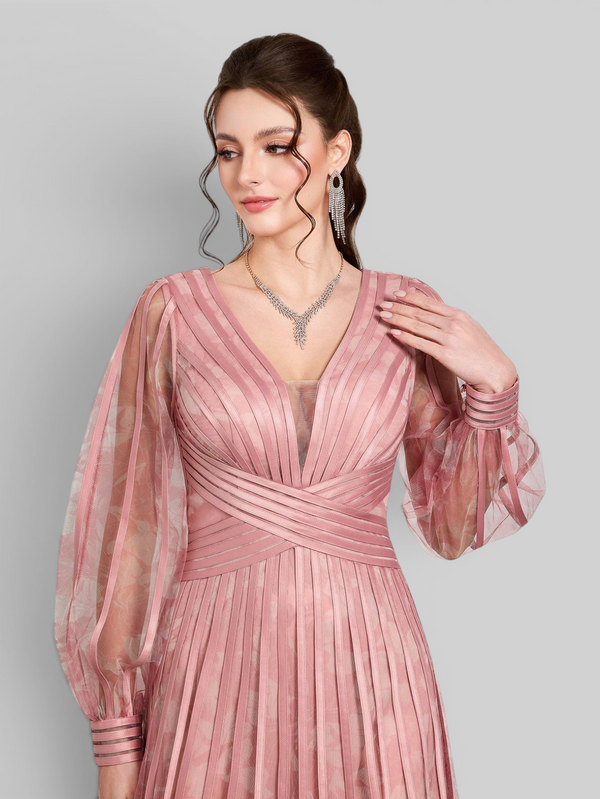 Vestido de Festa Manga Longa Gola V Folhagem