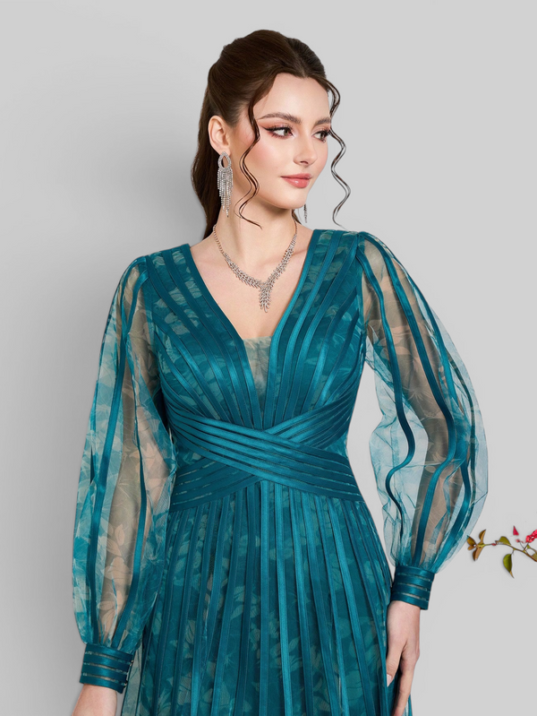 Vestido de Festa Manga Longa Gola V Folhagem