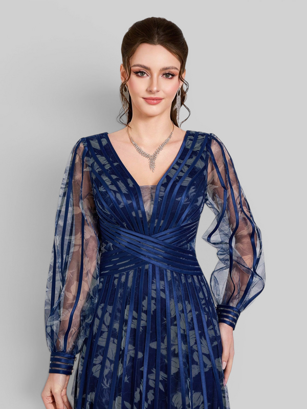 Vestido de Festa Manga Longa Gola V Folhagem