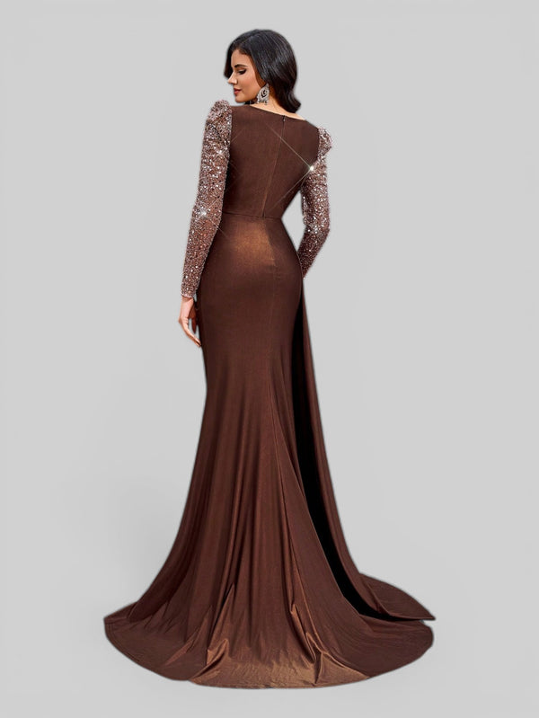 Vestido de Festa Manga Longa Paetê com Cauda Assimétrica - Aurea Dress