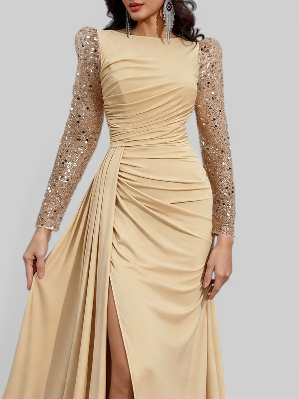 Vestido de Festa Manga Longa Paetê com Cauda Assimétrica - Aurea Dress
