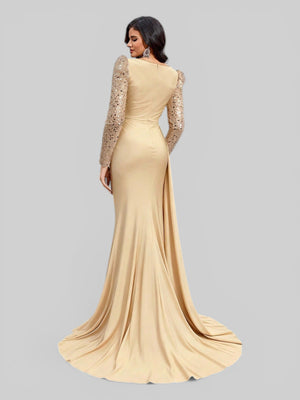 Vestido de Festa Manga Longa Paetê com Cauda Assimétrica - Aurea Dress