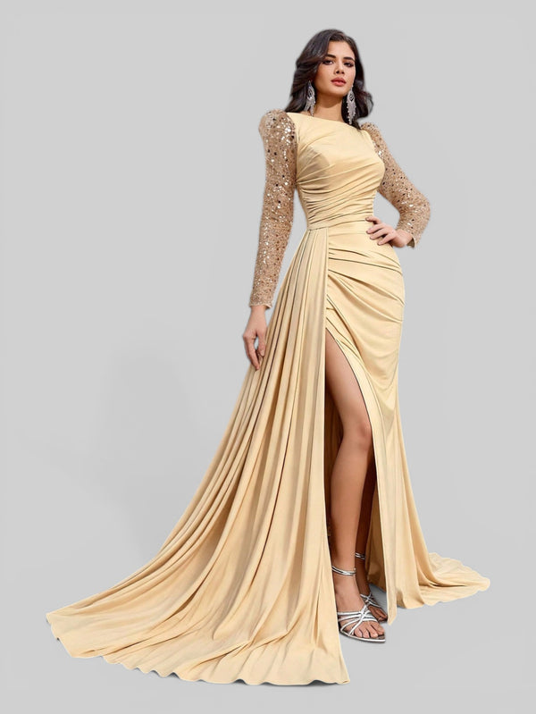 Vestido de Festa Manga Longa Paetê com Cauda Assimétrica - Aurea Dress