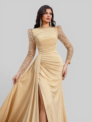 Vestido de Festa Manga Longa Paetê com Cauda Assimétrica - Aurea Dress