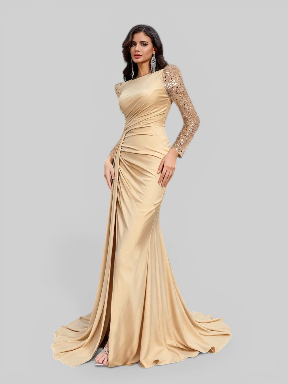 Vestido de Festa Manga Longa Paetê com Cauda Assimétrica - Aurea Dress