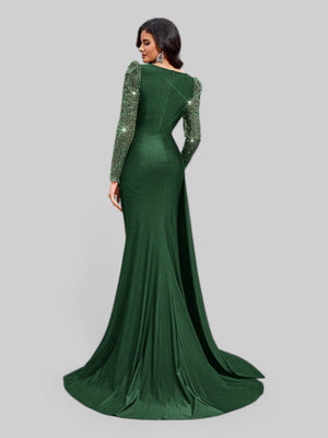 Vestido de Festa Manga Longa Paetê com Cauda Assimétrica - Aurea Dress
