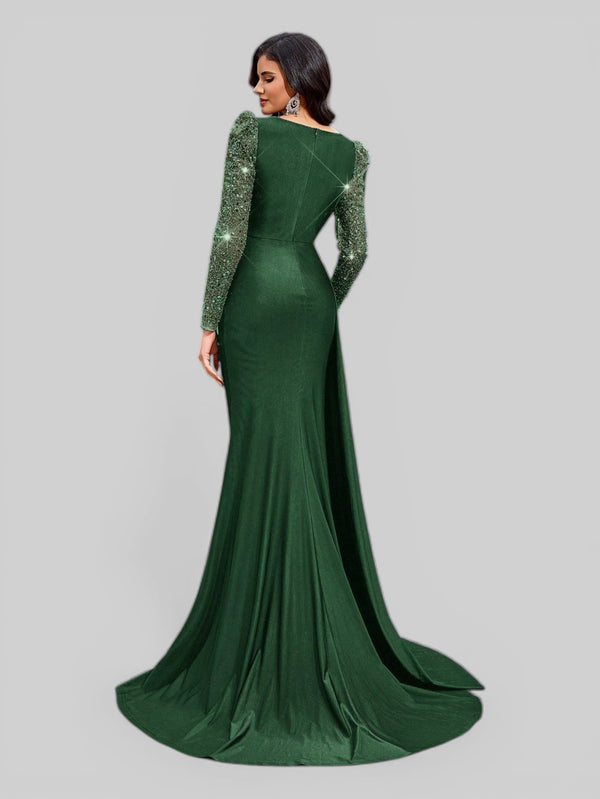 Vestido de Festa Manga Longa Paetê com Cauda Assimétrica - Aurea Dress