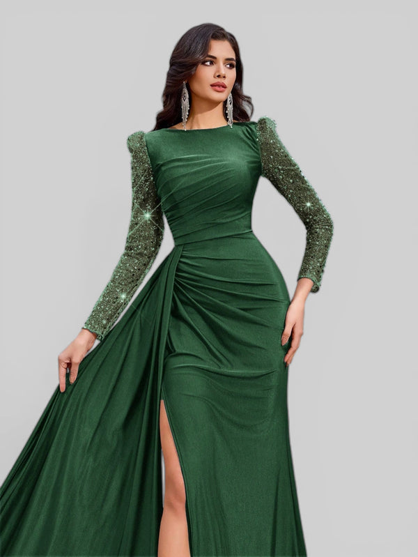 Vestido de Festa Manga Longa Paetê com Cauda Assimétrica - Aurea Dress