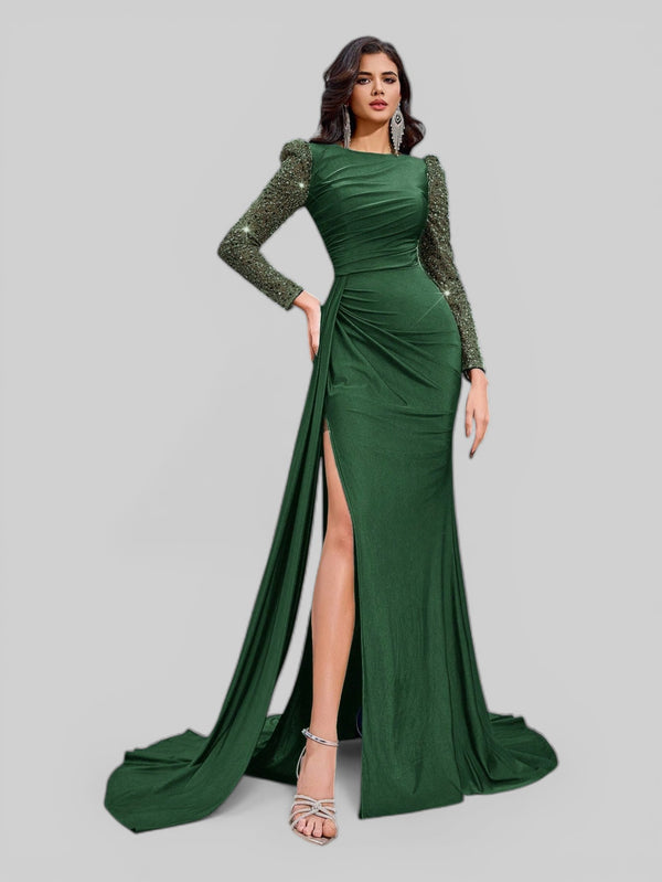 Vestido de Festa Manga Longa Paetê com Cauda Assimétrica - Aurea Dress