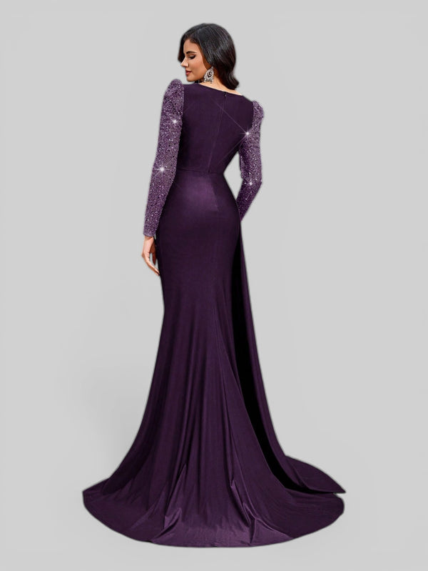 Vestido de Festa Manga Longa Paetê com Cauda Assimétrica - Aurea Dress