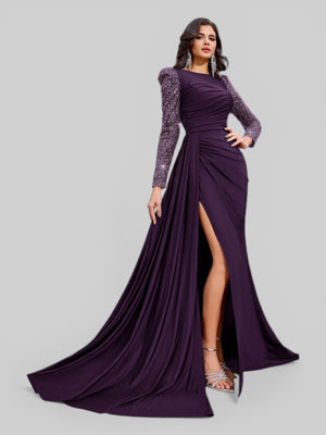 Vestido de Festa Manga Longa Paetê com Cauda Assimétrica - Aurea Dress