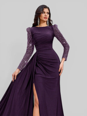 Vestido de Festa Manga Longa Paetê com Cauda Assimétrica - Aurea Dress