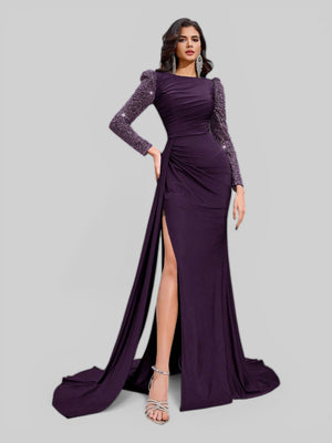 Vestido de Festa Manga Longa Paetê com Cauda Assimétrica - Aurea Dress