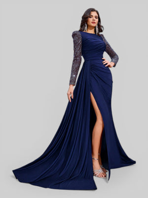 Vestido de Festa Manga Longa Paetê com Cauda Assimétrica - Aurea Dress