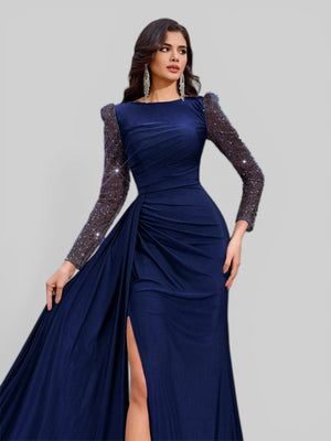 Vestido de Festa Manga Longa Paetê com Cauda Assimétrica - Aurea Dress