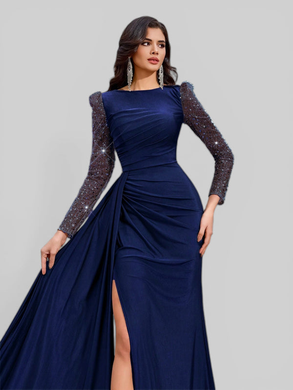 Vestido de Festa Manga Longa Paetê com Cauda Assimétrica - Aurea Dress