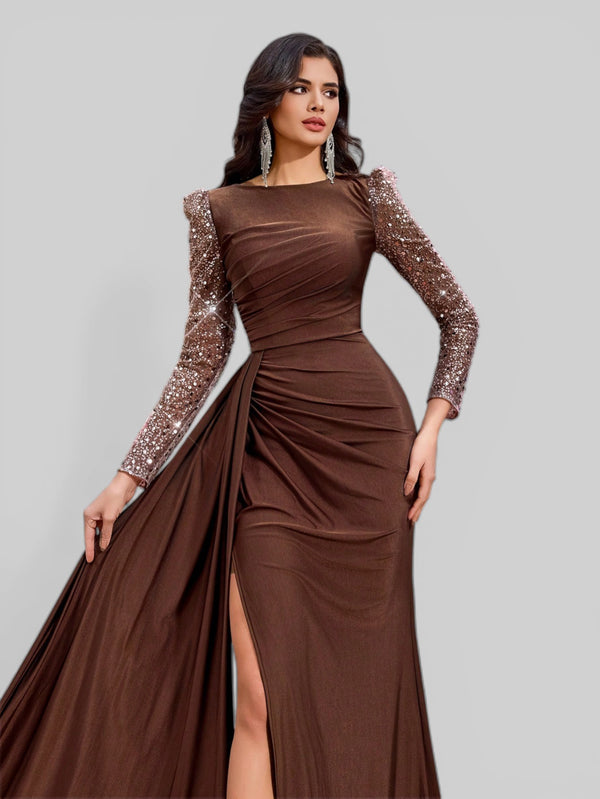 Vestido de Festa Manga Longa Paetê com Cauda Assimétrica - Aurea Dress
