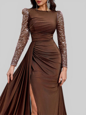 Vestido de Festa Manga Longa Paetê com Cauda Assimétrica - Aurea Dress